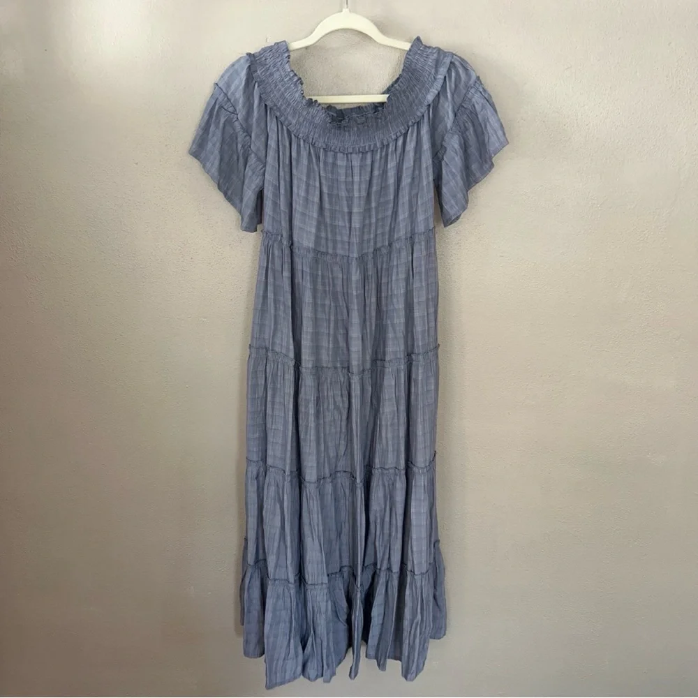 Entro Light Blue prairie Smocked neck lime maxi Dress - Picture 2 of 3